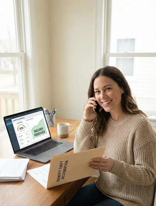 Identity theft recovery specialist reviewing fraudulent accounts on a client's credit report